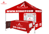 Image of the table throw: "Custom table throw with company logo for trade show booths"
